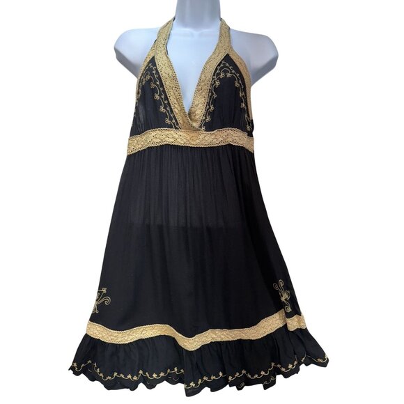 Womens Semi Sheer Halter Dress Black Gold Flowy Embroidered Boho Open Back Beach - Picture 1 of 9
